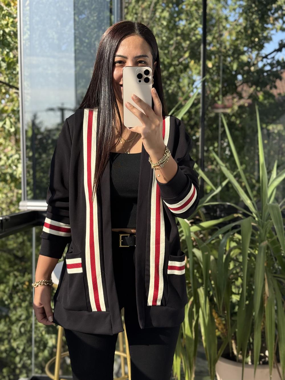 Tiktak Şeritli İnterlok Hırka Siyah