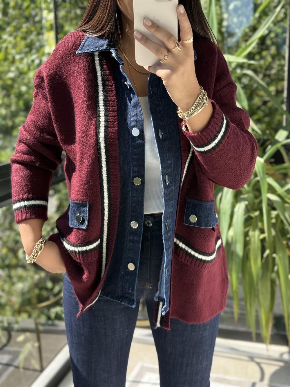 Angora Hırka Kot Detaylı Bordo