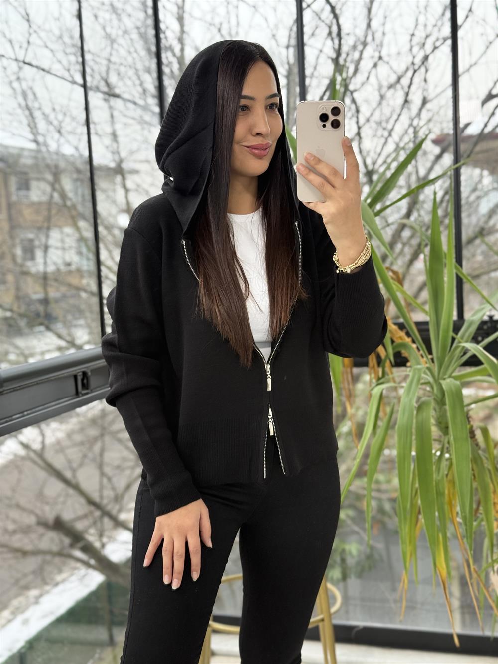 Çift Fermuarlı Kapüşonlu Yumoş Basic Hırka Siyah