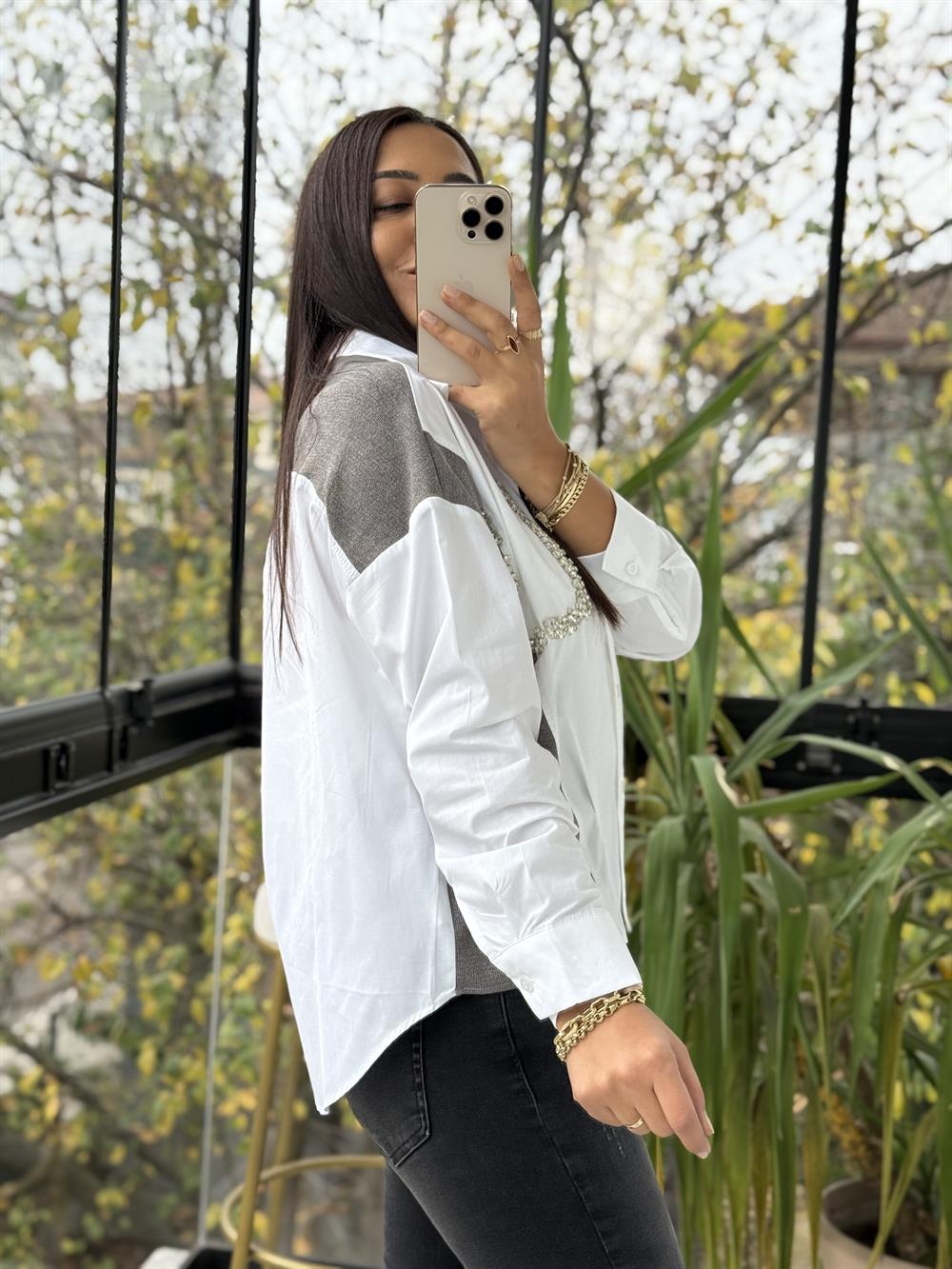 Triko Poplin Taş Detaylı Gömlek Beyaz