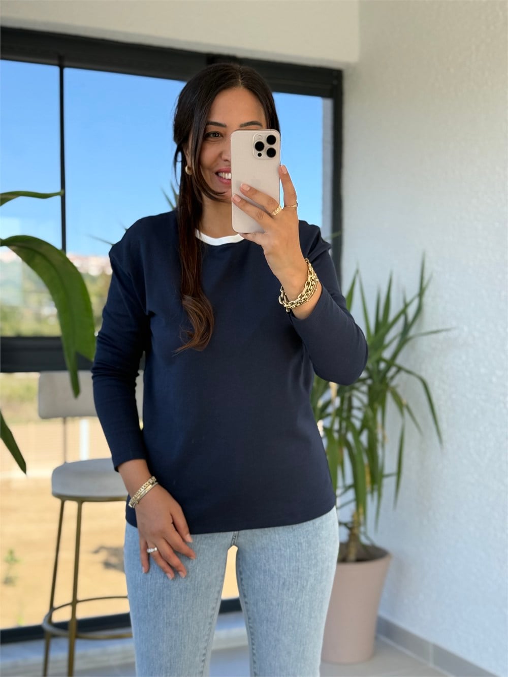 Yakası Biyeli Sweat Bluz Lacivert