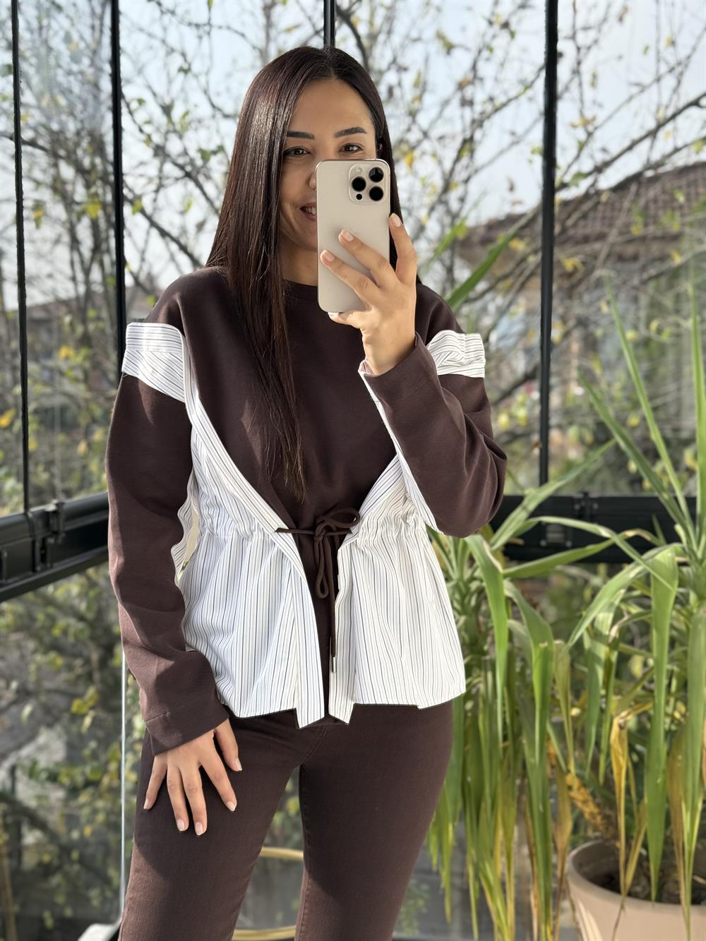 Parçalı Yanı Bağcıklı Sweatshirt Kahve