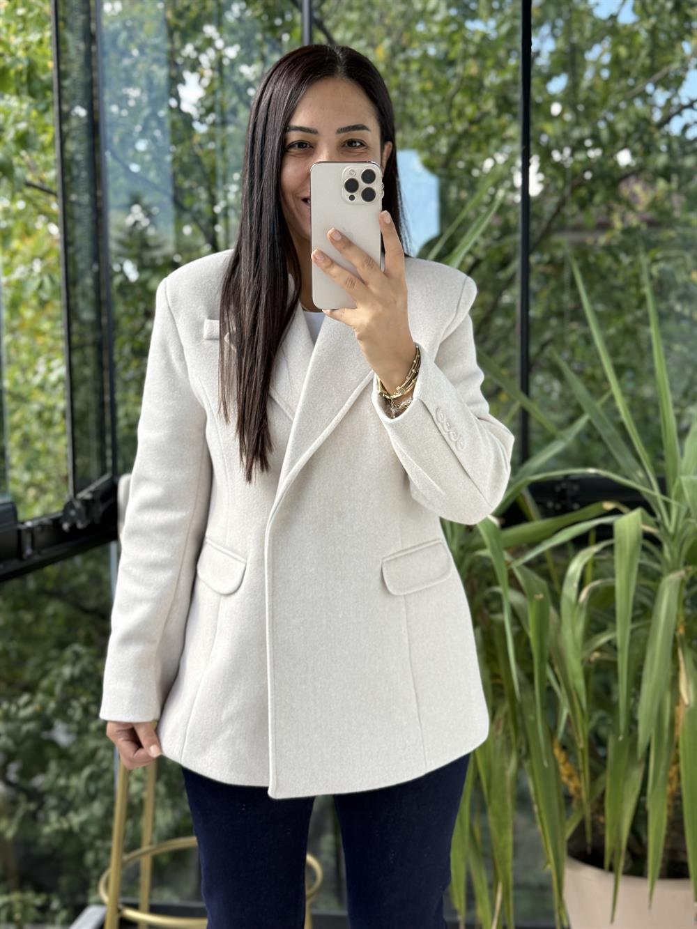 Kaşe Slim Blazer Ceket Krem