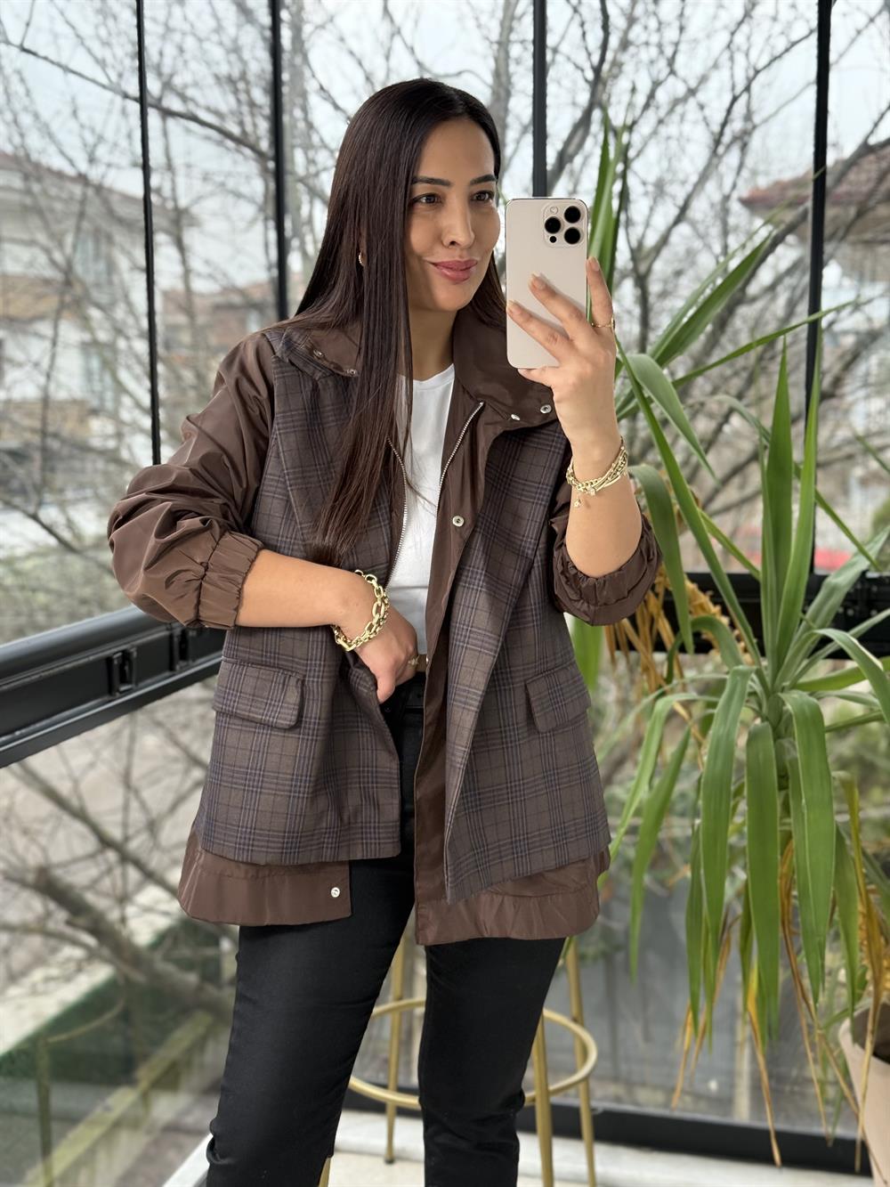 Ekose Garnili Ceket Kahve