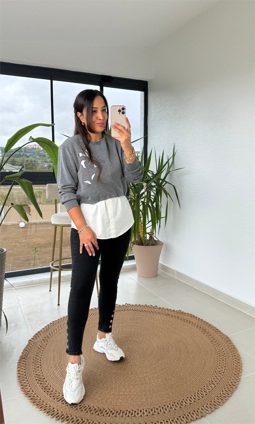 Nakışlı Gömlekli Sweatshirt Gri