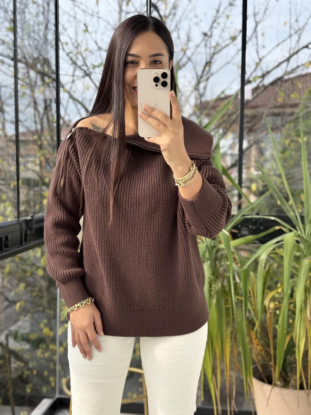 Yandan Fermuarlı Geniş Yaka triko Kazak Kahve