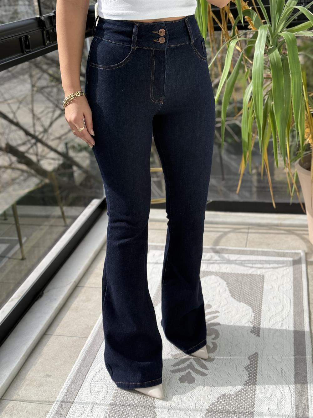 Pensli Geniş Kemerli Kot Pantolon Slaplı Lacivert