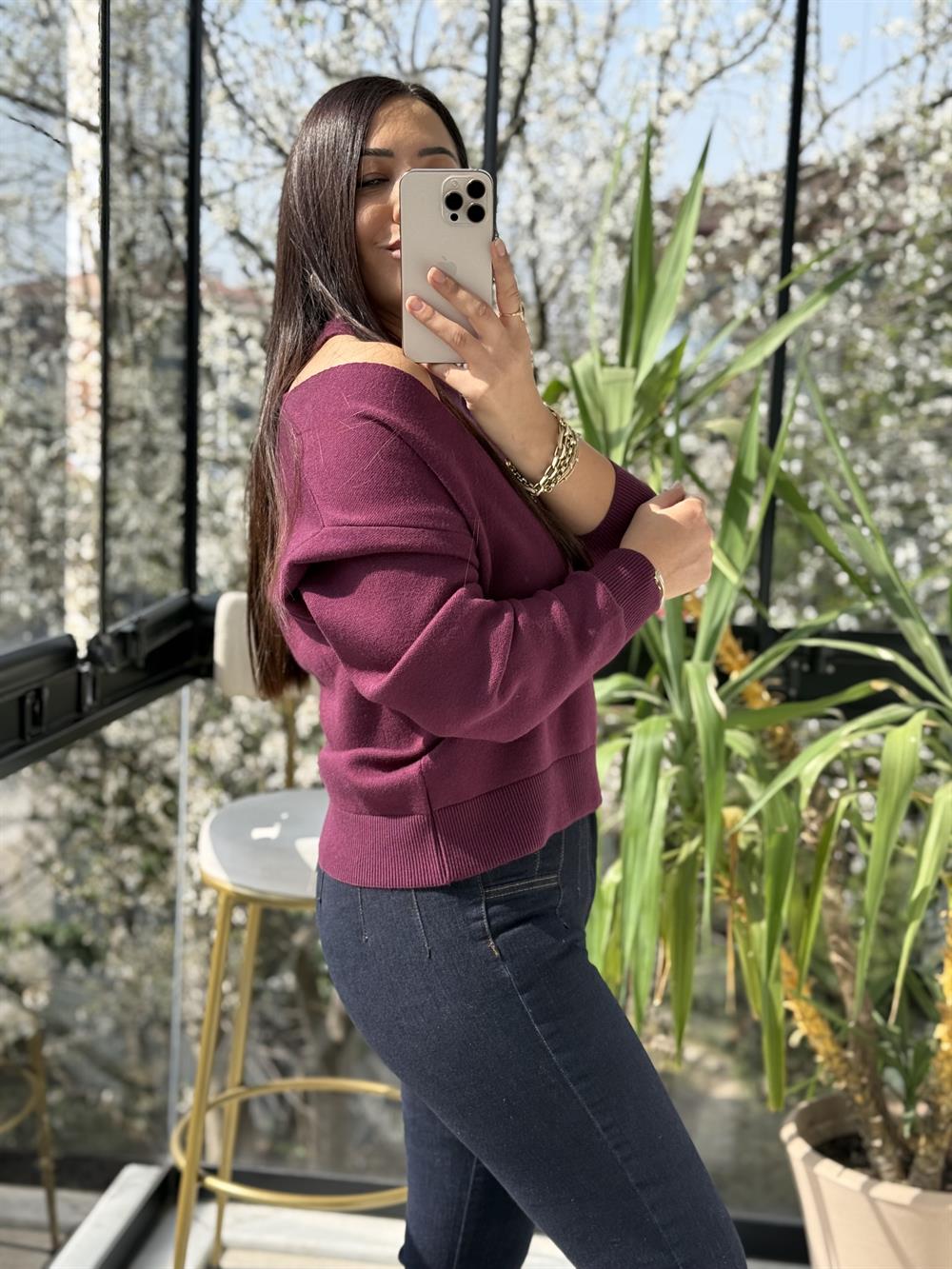 V Detay Atletli Triko Mürdüm