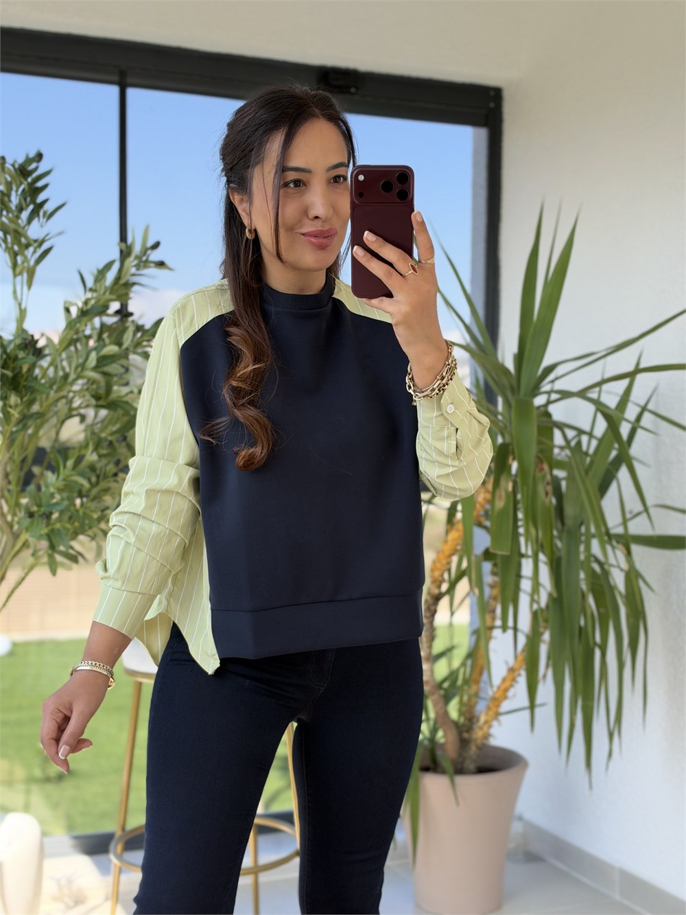 Kolu Ve Arkası Çizgili Poplin Modal Sweatshirt Yeşil