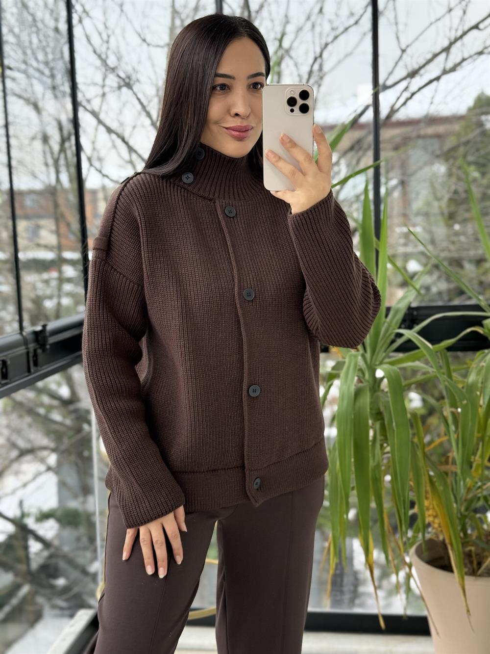 Düğmeli Selanik Örgü Ceket Hırka Kahve