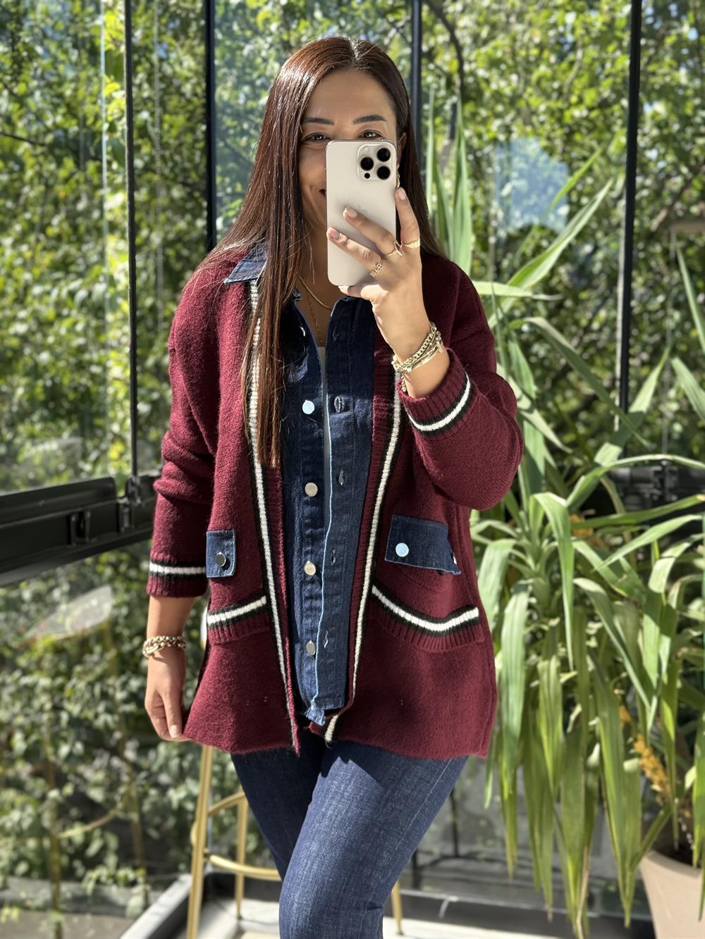 Angora Hırka Kot Detaylı Bordo