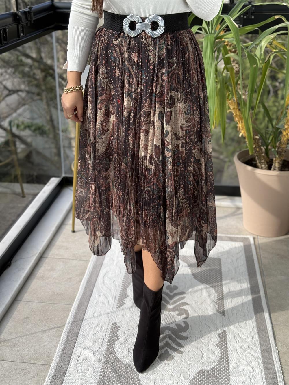 Etnik Desen Asimetrik Kesim Etek Haki Yeşili