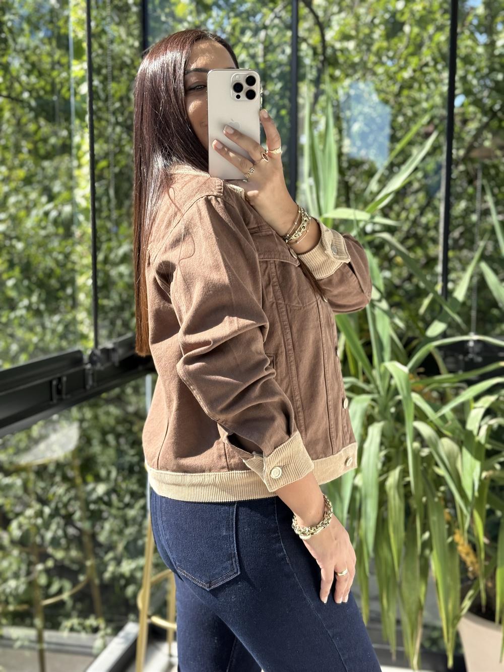 Kadife Detaylı Klasik Kot Ceket Kahve