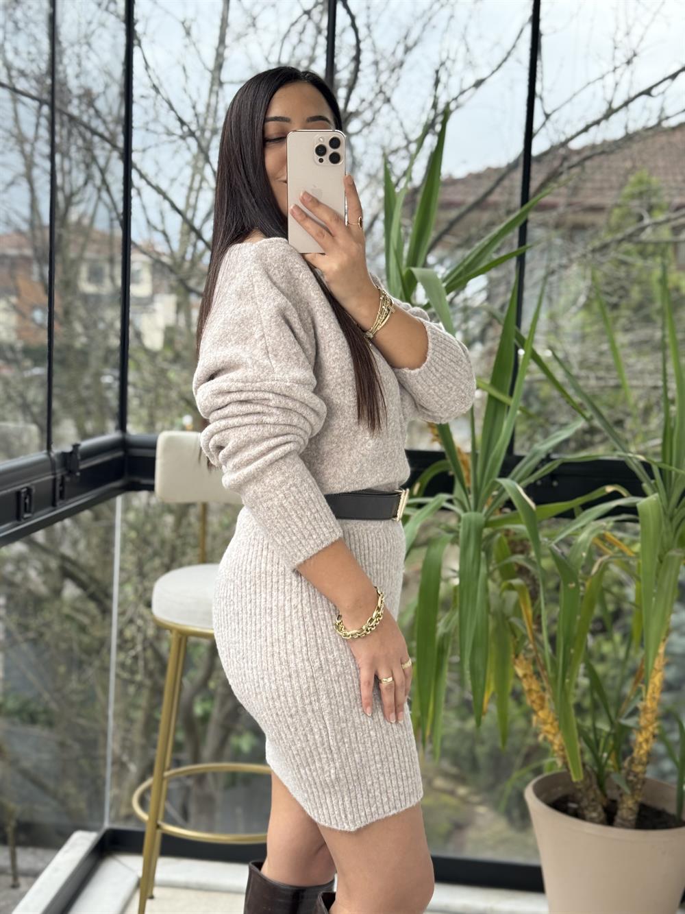 Kısa Kazak Elbise Vizon