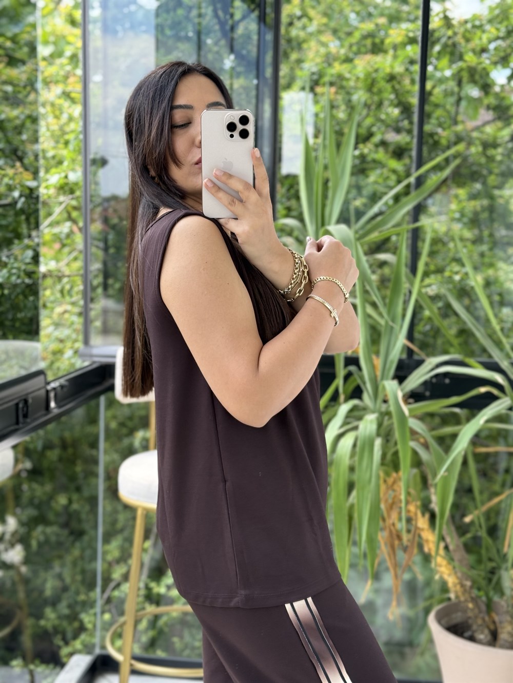 Oysh Şeritli 3lü Fileli Takım Kahve