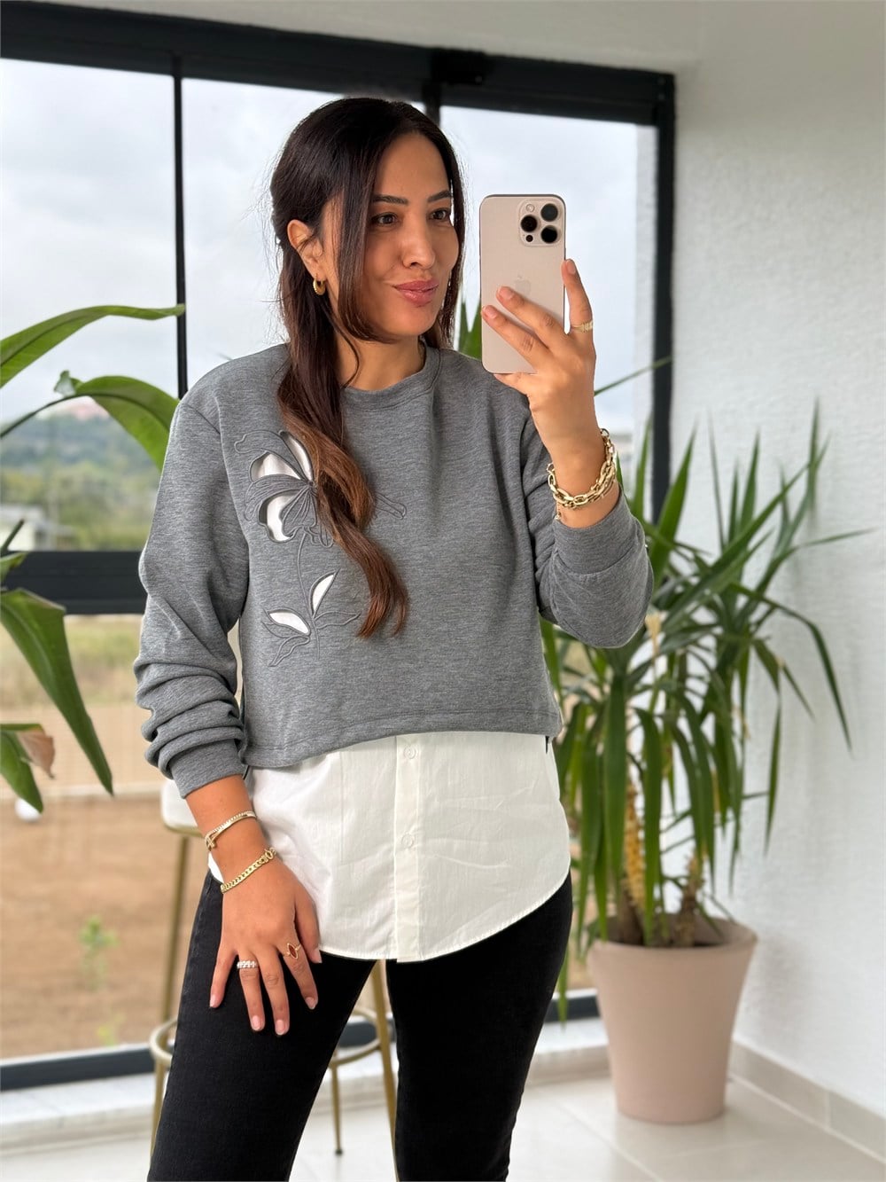 Nakışlı Gömlekli Sweatshirt Gri