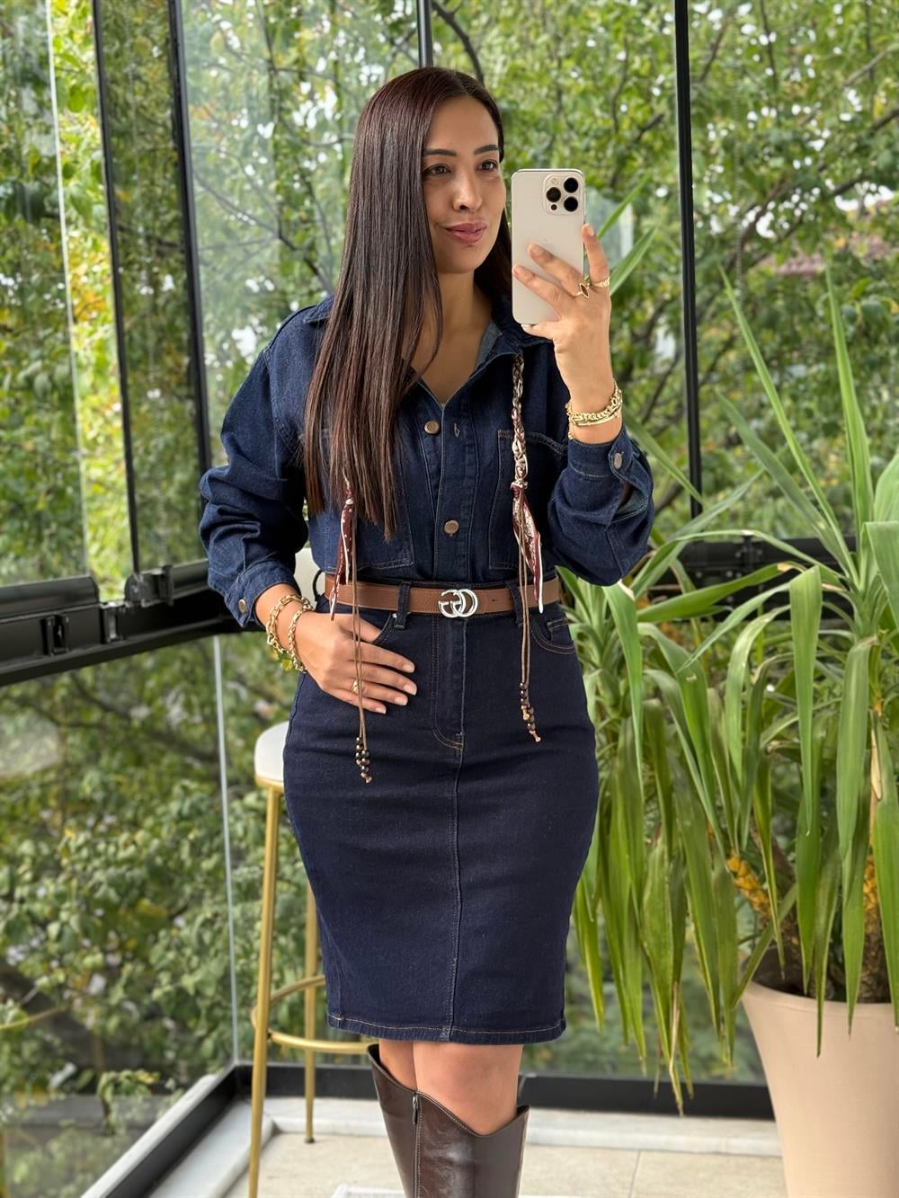 Düğmeli Oversize Gömlek Slaplı Lacivert