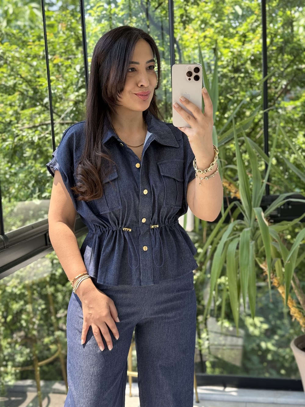 Gold Düğme Denim Gömlek Mavi