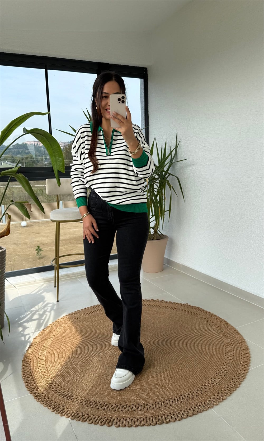 Polo Yaka Çizgili Renk Detaylı Sweatshirt Yeşil