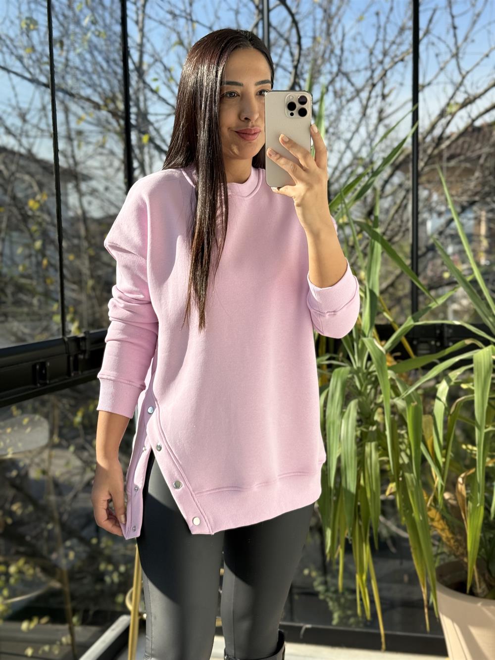 Yanı Çıtçıtlı Sweatshirt Pembe