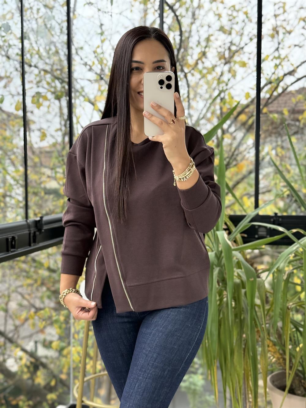 Asimetrik fermuarlı Sweathirt Kahve