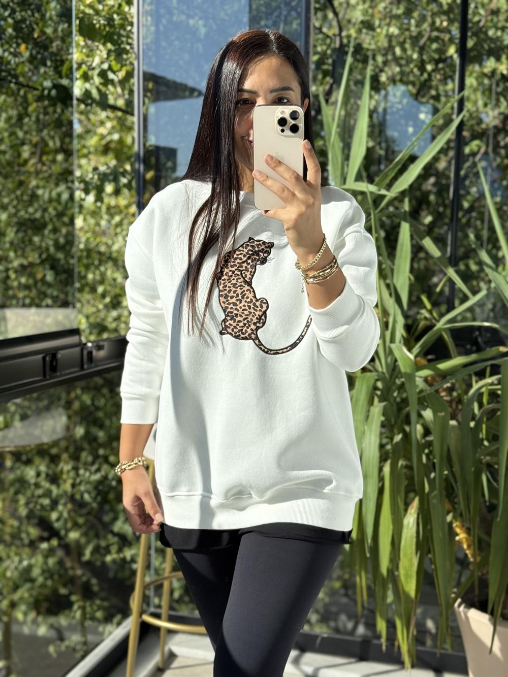 Kaplanlı Sweatshirt Beyaz