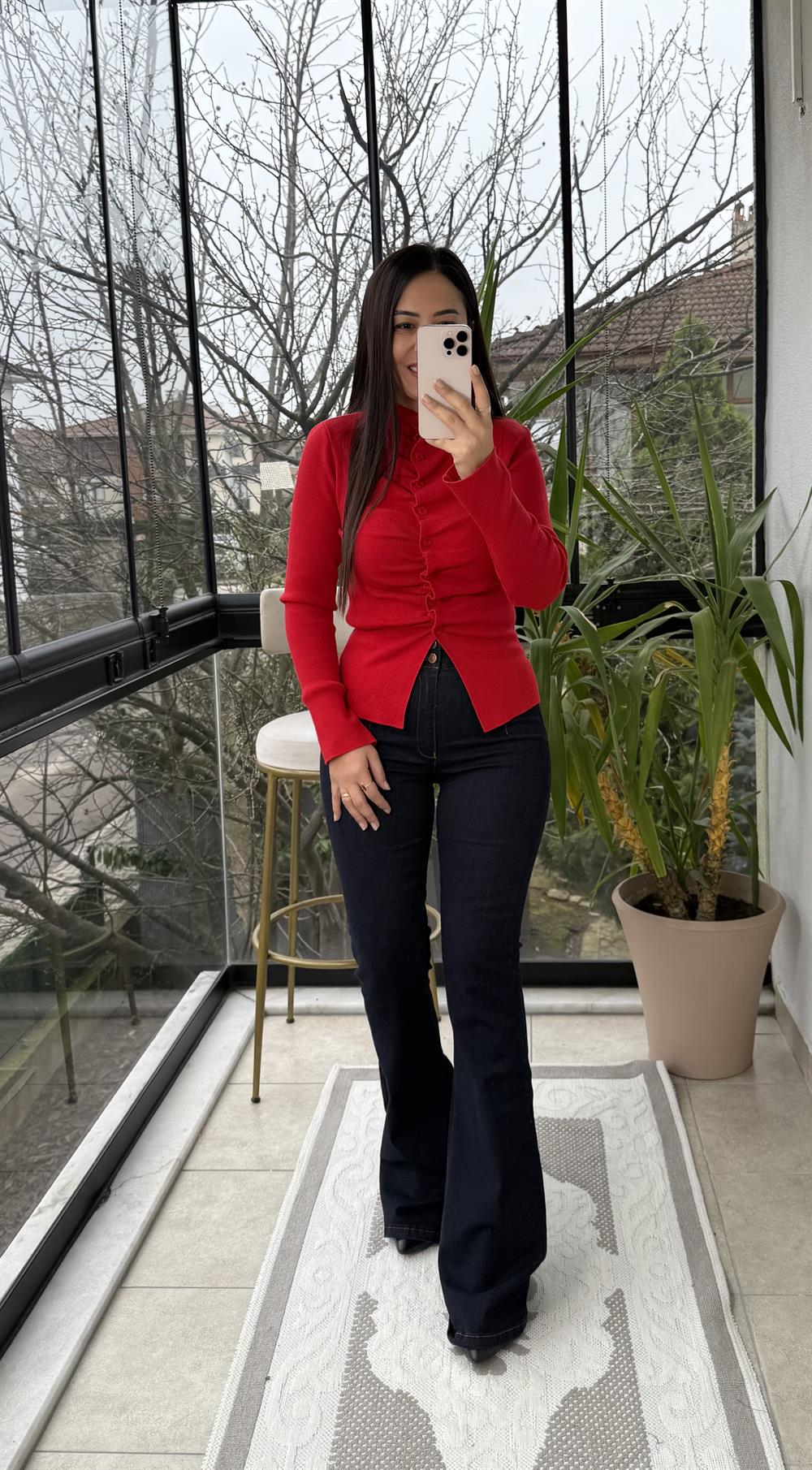 Önü Büzgülü Düğmeli Triko Hırka Kırmızı