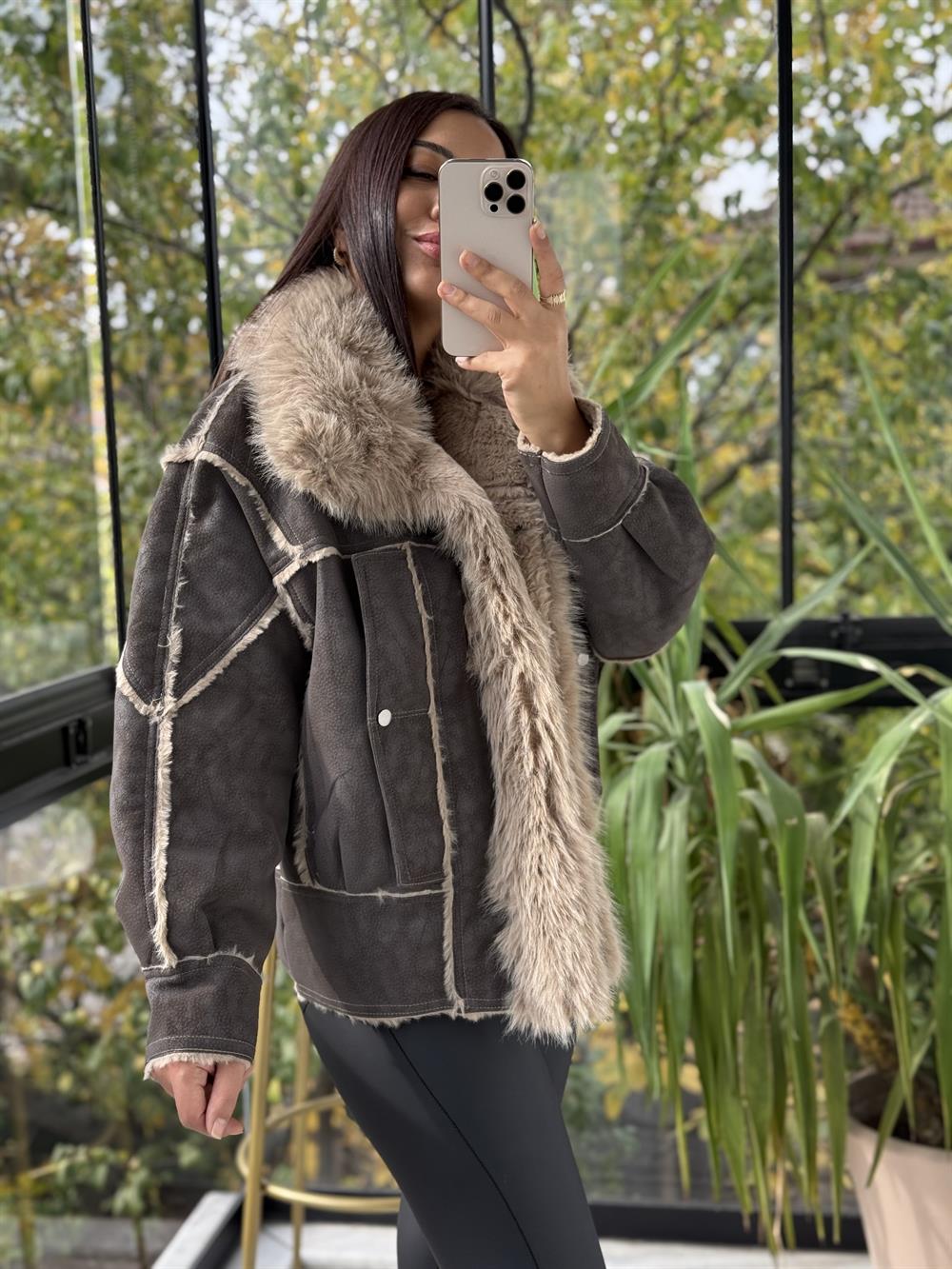 Kürk Detaylı Nubuk Mont Kahve