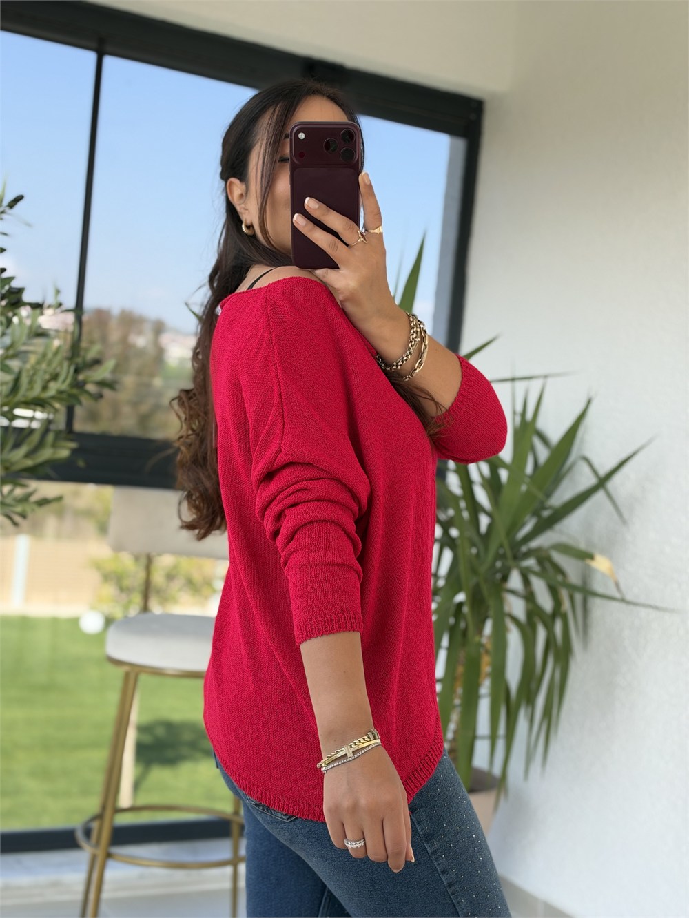 Kayık Yaka İnce Triko Kırmızı