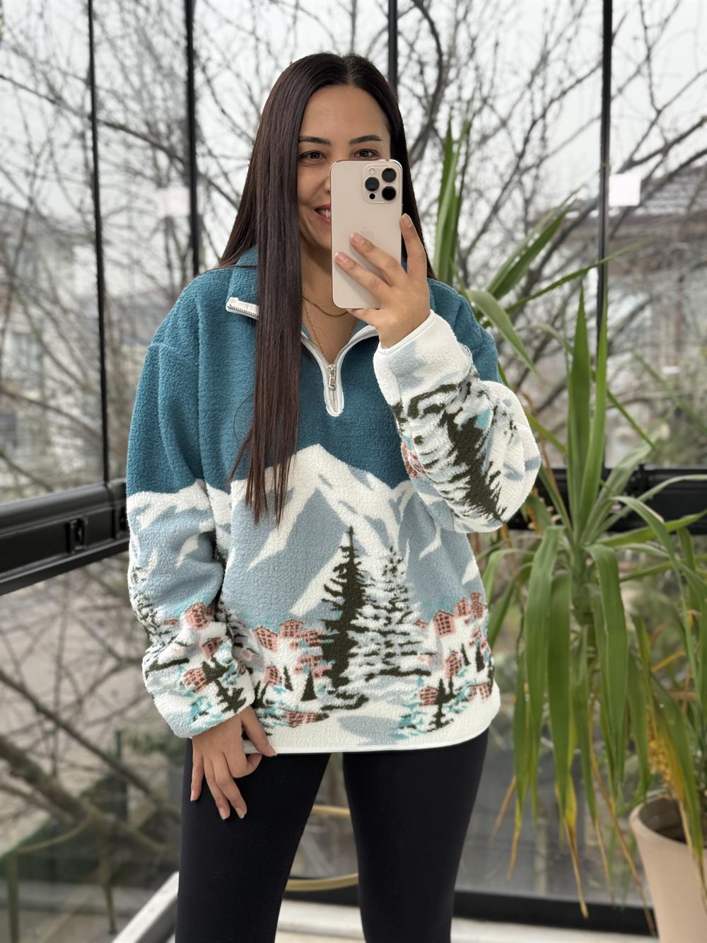 Desenli Yarım Fermuarlı Polar Sweat Mavi