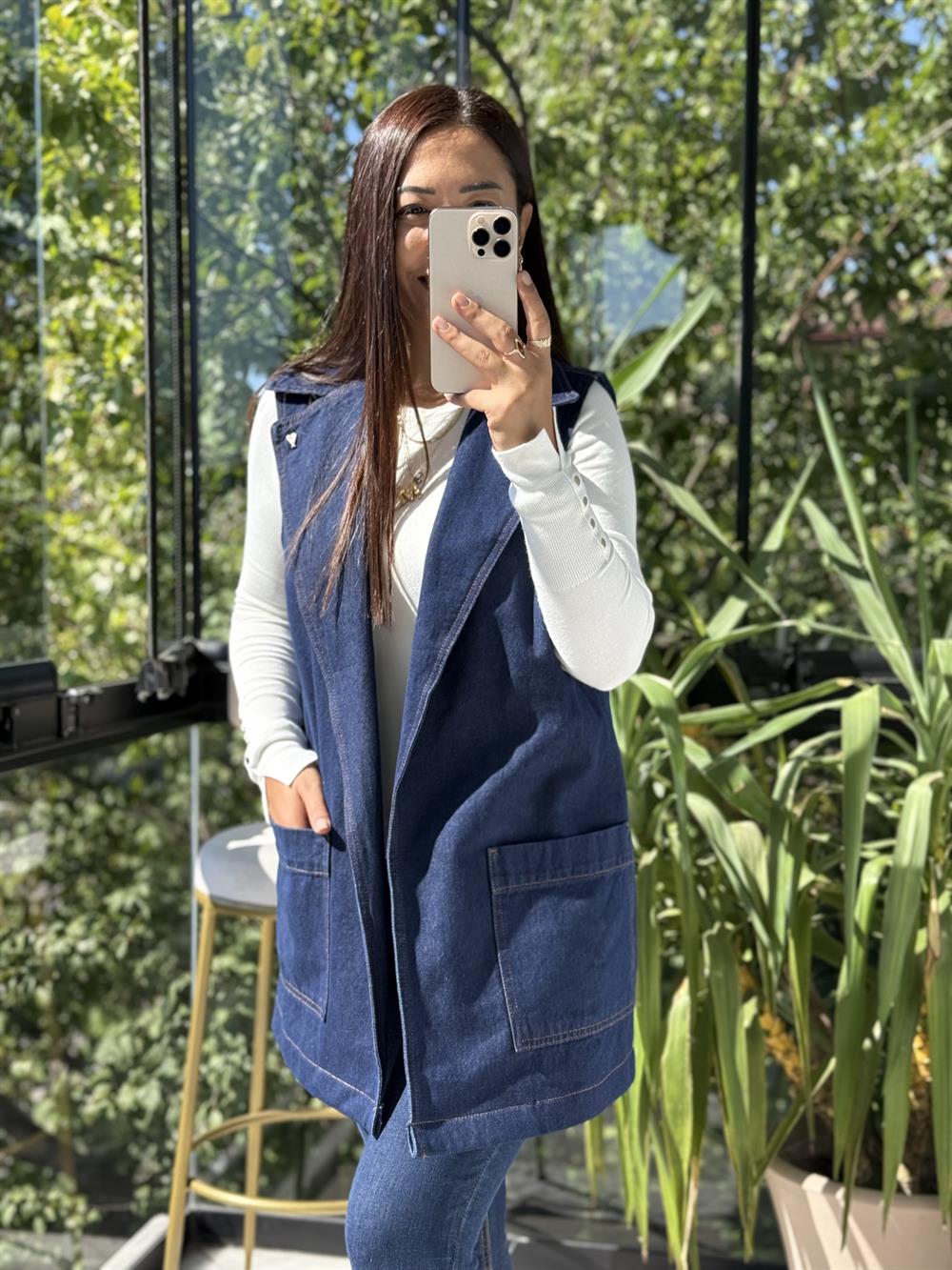 Kuşaklı Kruvaze Yaka Yelek Lacivert