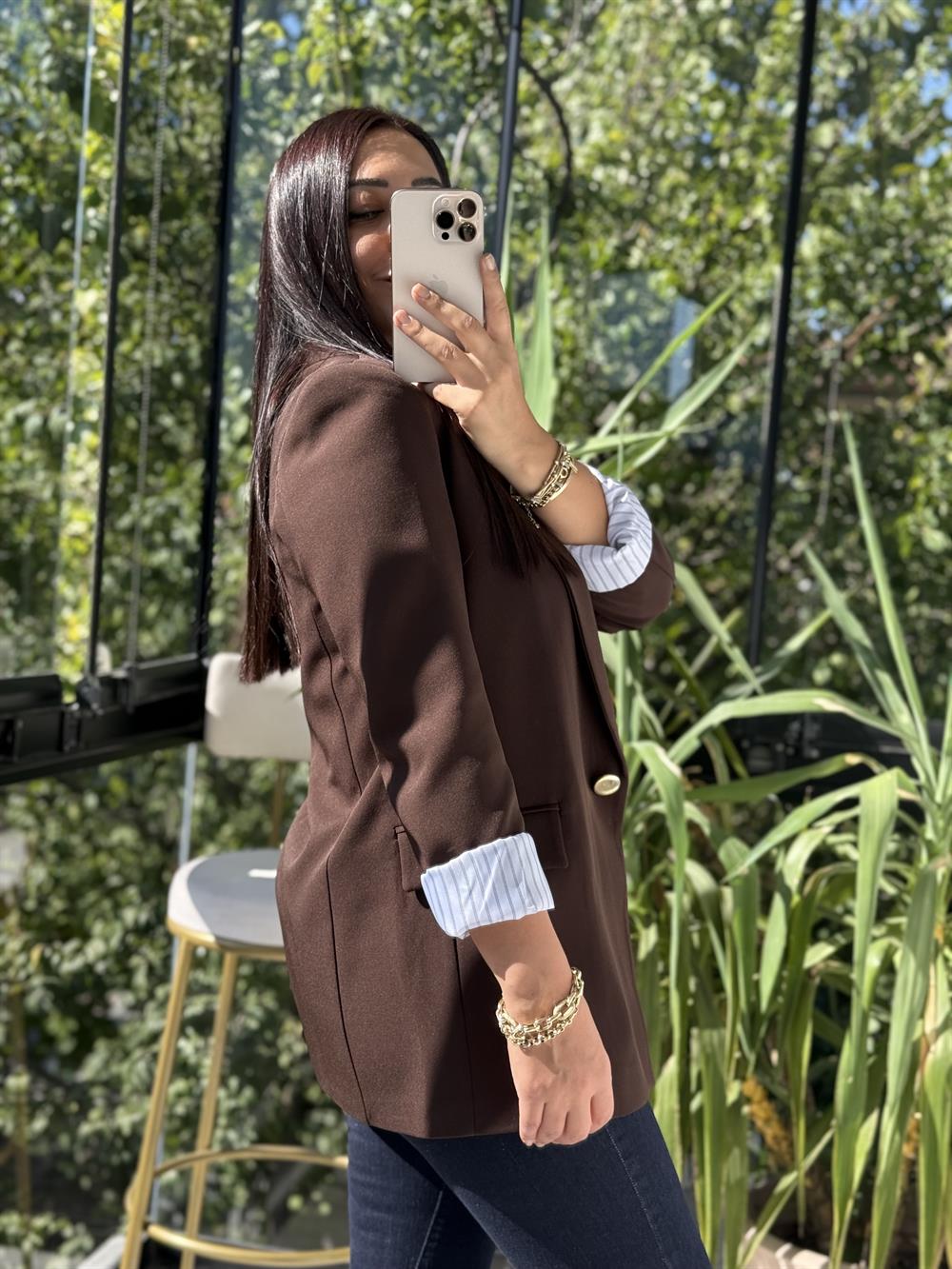 Kol Astarı Garnili Tek Düğme Blazer Ceket Kahve