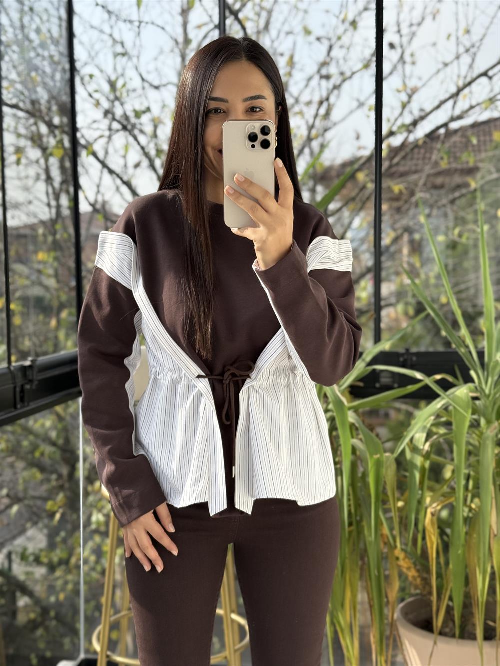 Parçalı Yanı Bağcıklı Sweatshirt Kahve