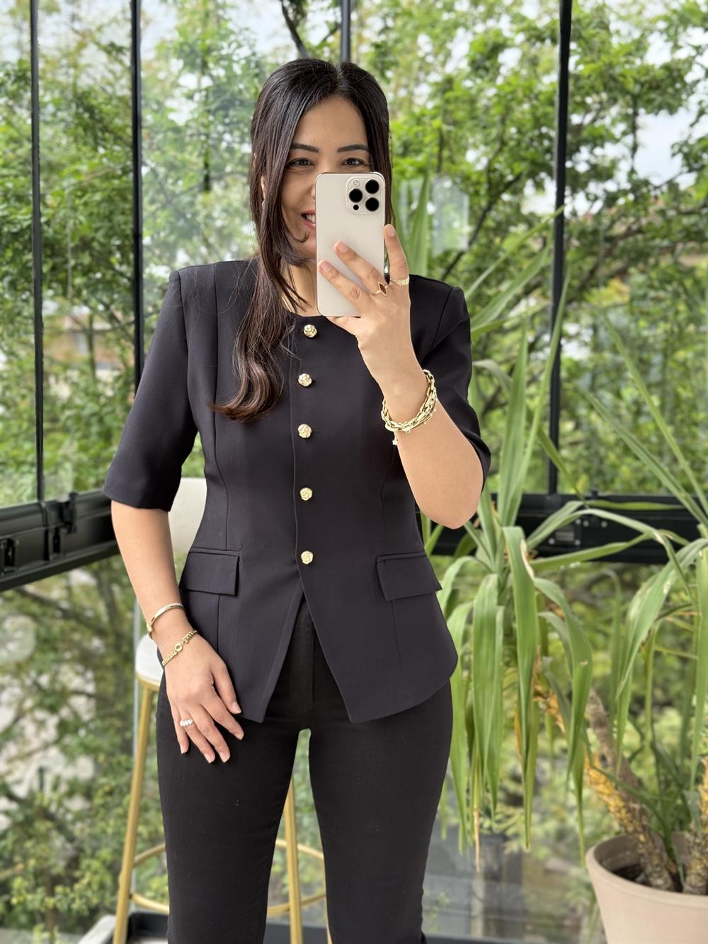 Slimfit Mini Gold Düğme Kısa Kol Blazer Siyah