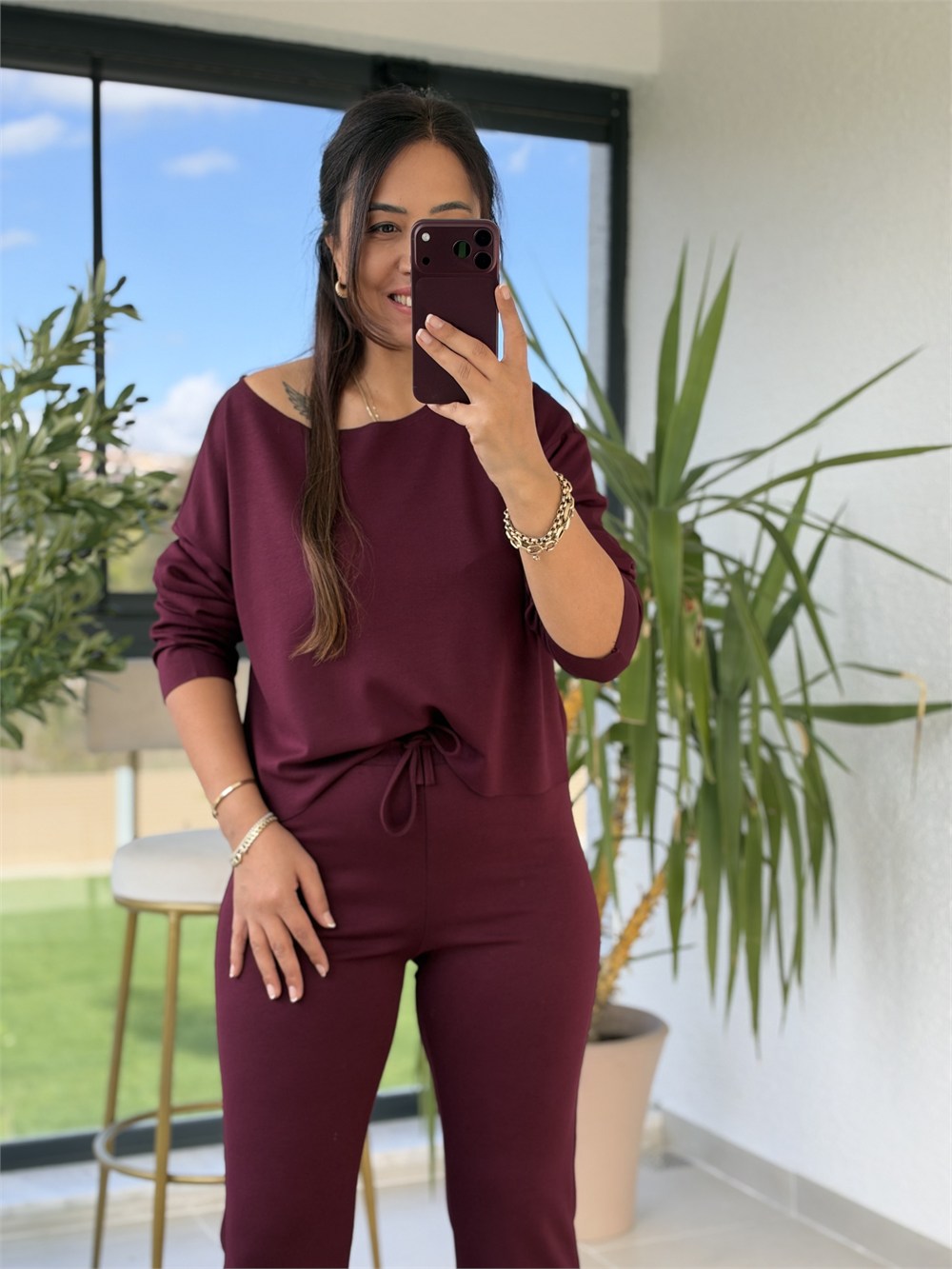 Kayık Yaka Bluzlu Takım Bordo