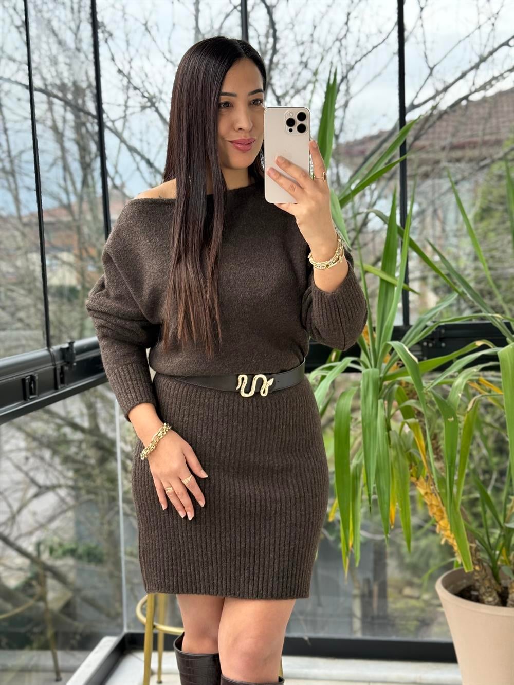 Kısa Kazak Elbise Kahve