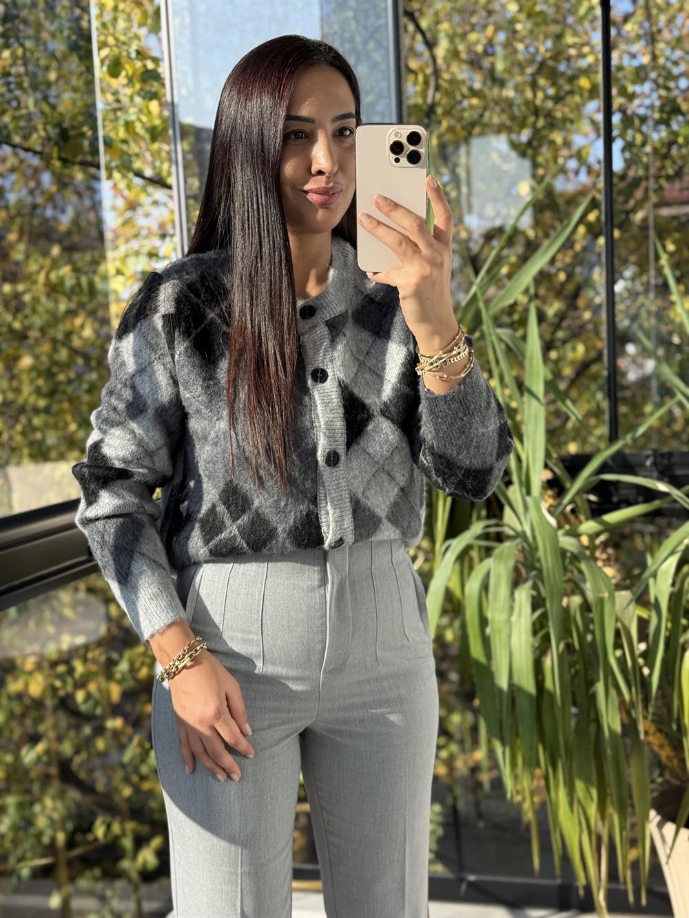 Kısa Baklava Desenli Hırka Antrasit