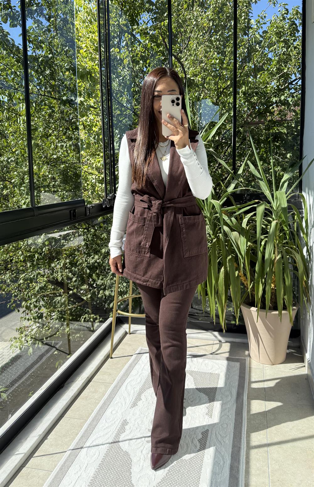 Kuşaklı Kruvaze Yaka Yelek Kahve