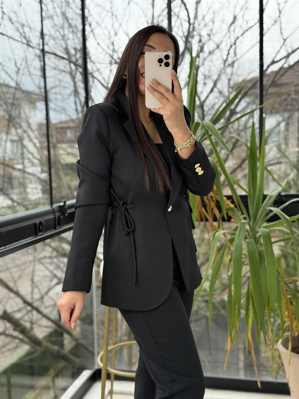 Yanı Bağcıklı Slim Blazer Ceket Siyah