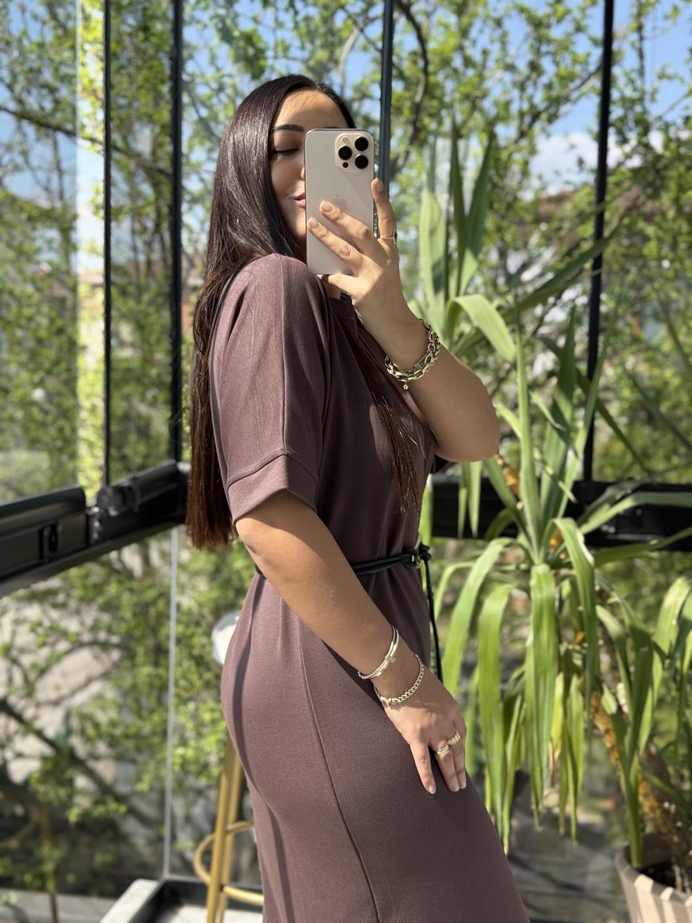 Kemerli Modal Elbise Kahve