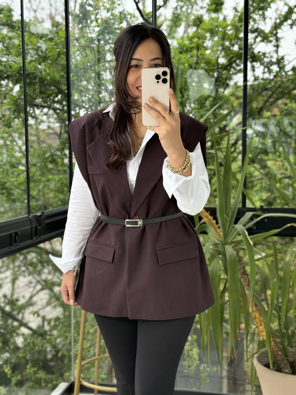 Vatkalı Kemerli Yelek Mürdüm