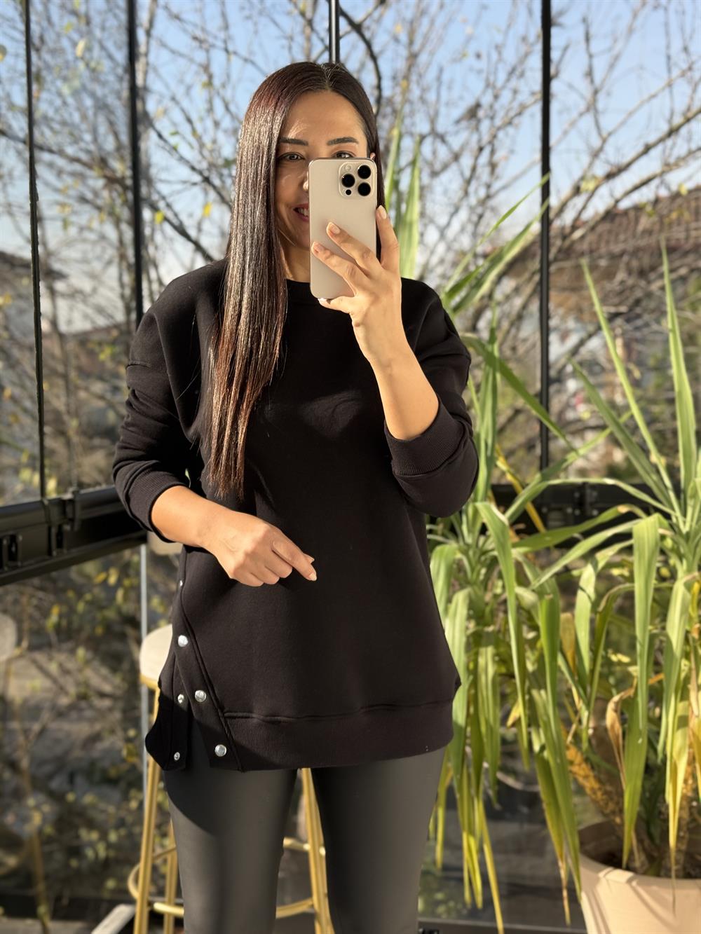 Yanı Çıtçıtlı Sweatshirt Siyah