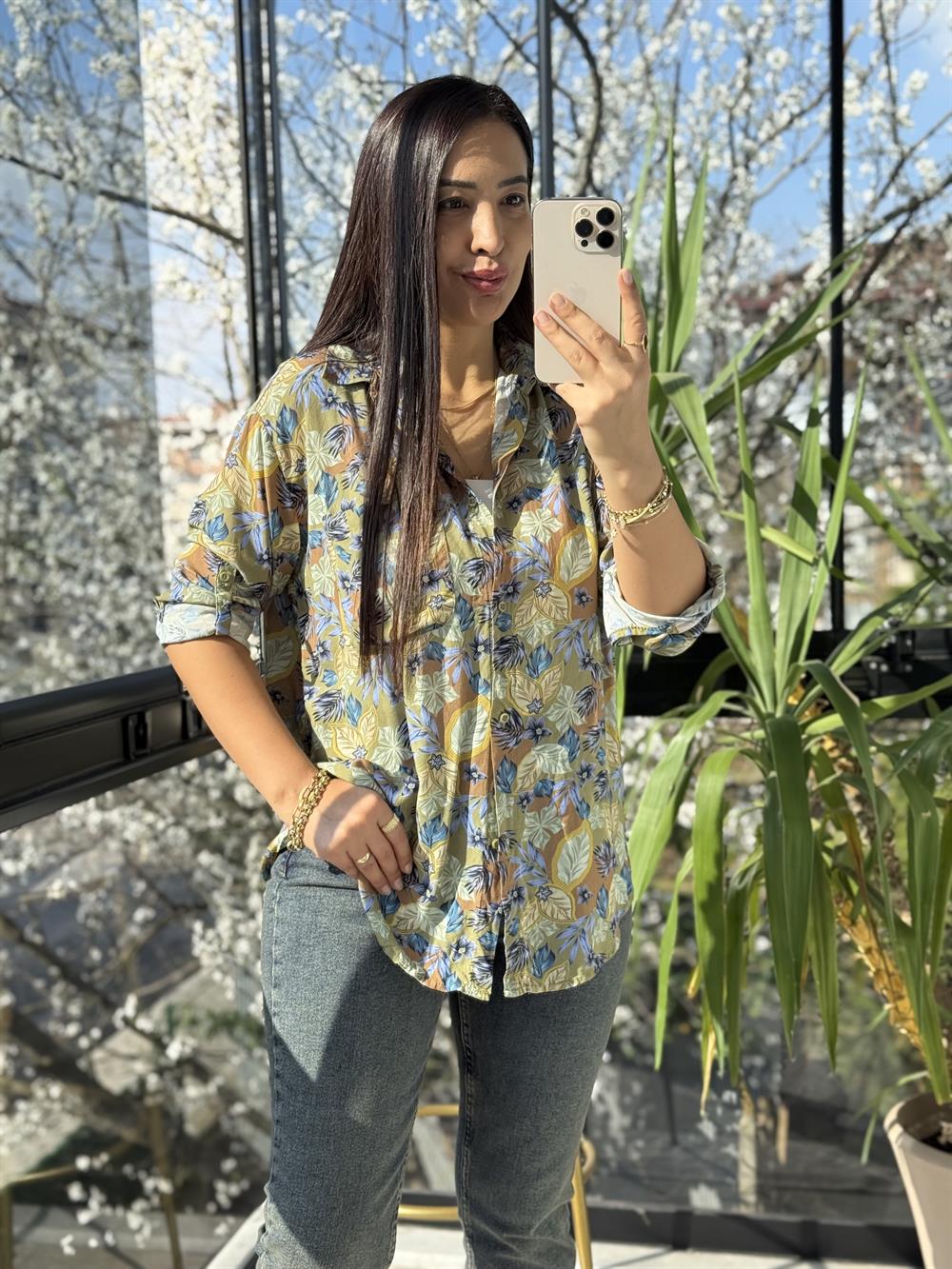 Yaprak Desenli Pamuklu Gömlek Haki Yeşili