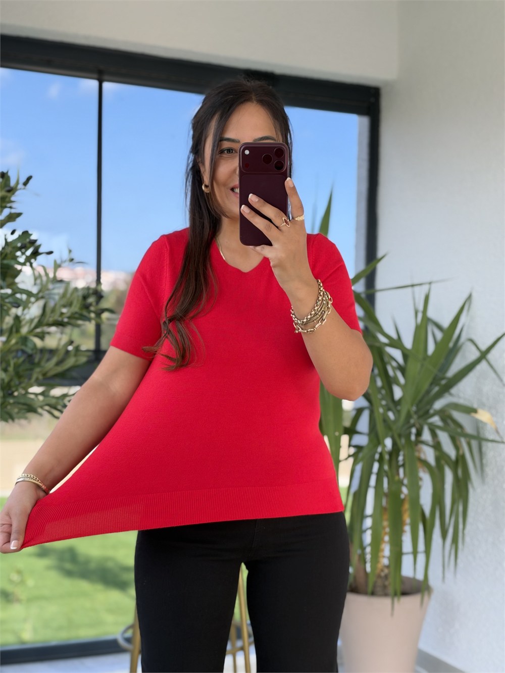 Bisiklet Yaka Kısa Kol Basic Triko Bluz Koyu Kırmızı