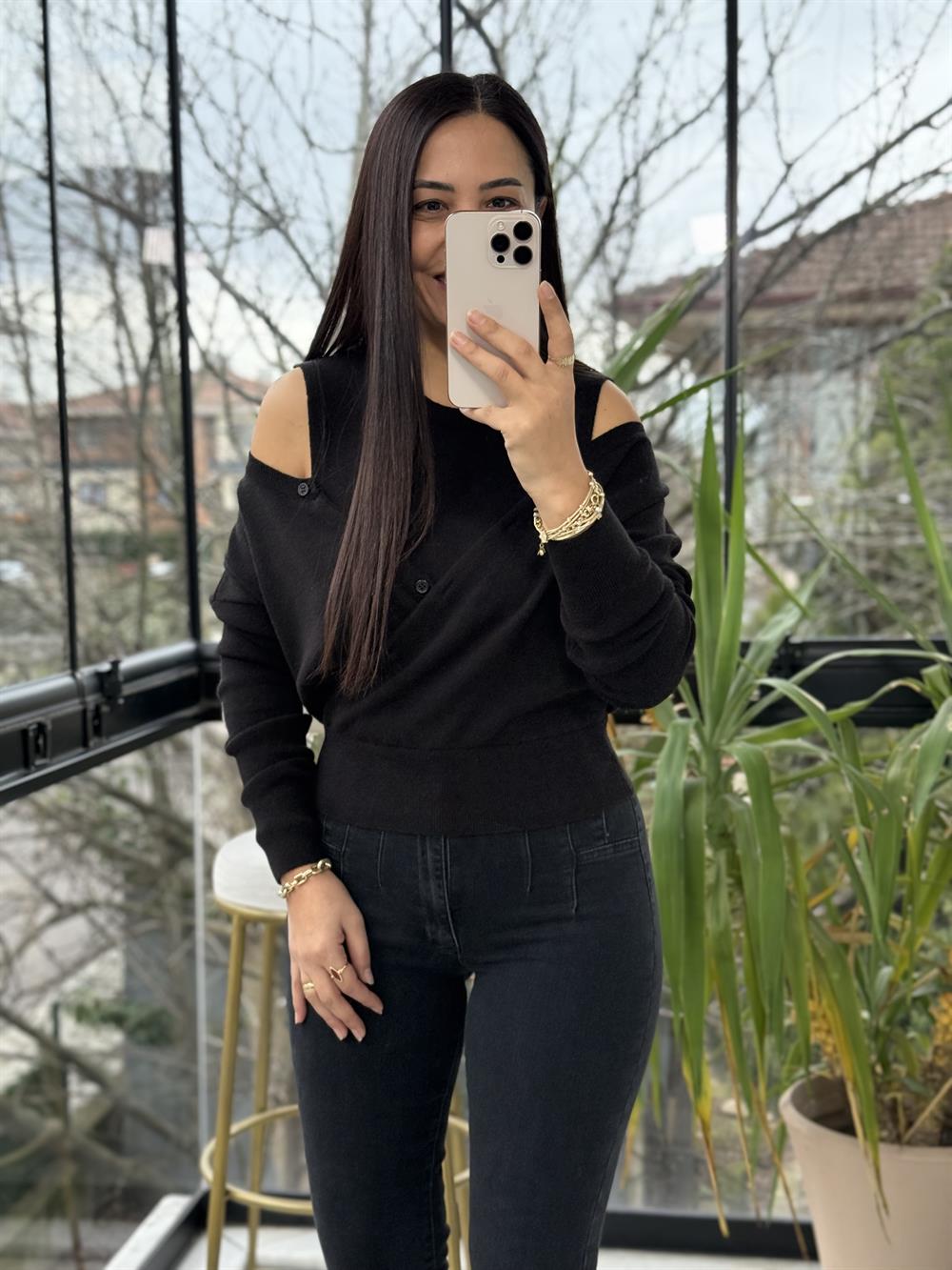 Çift Parçalı Triko Bluz Siyah