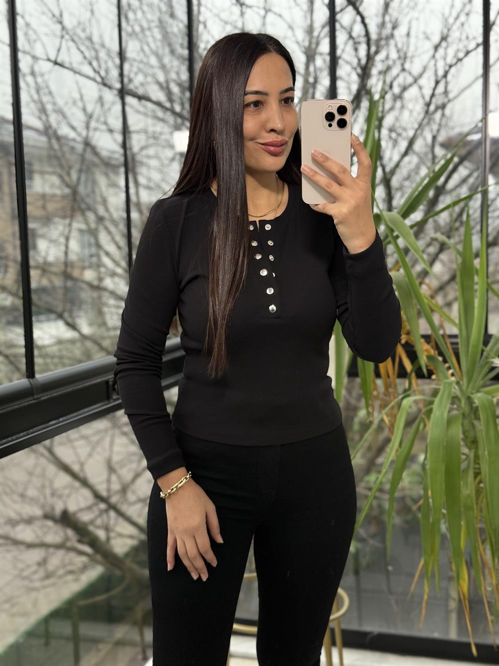 Yarım Çıtçıtlı Bluz Siyah