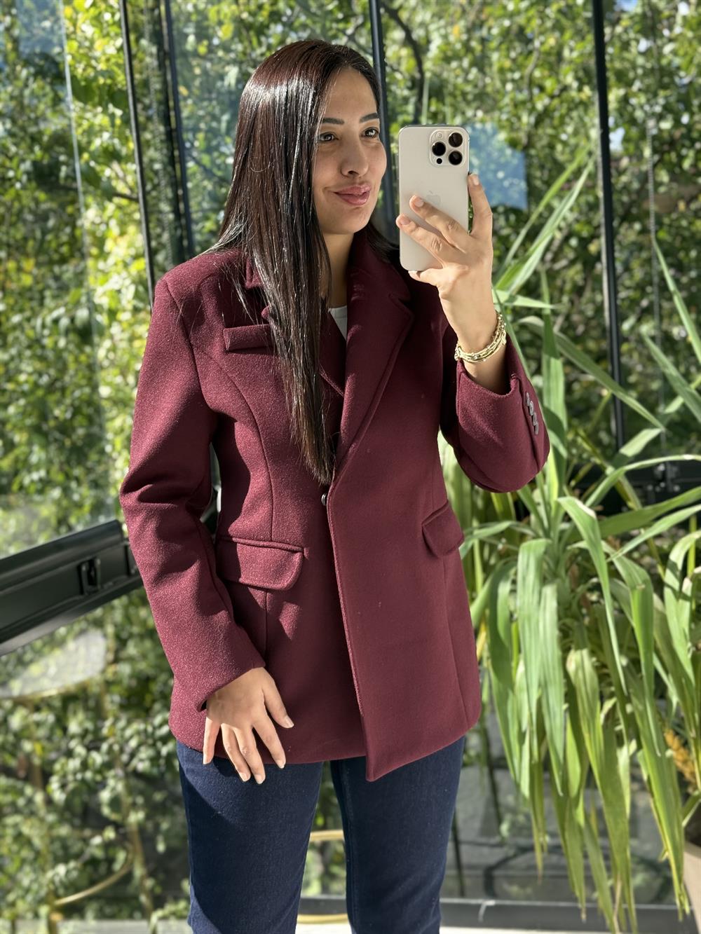 Kaşe Slim Blazer Ceket Bordo