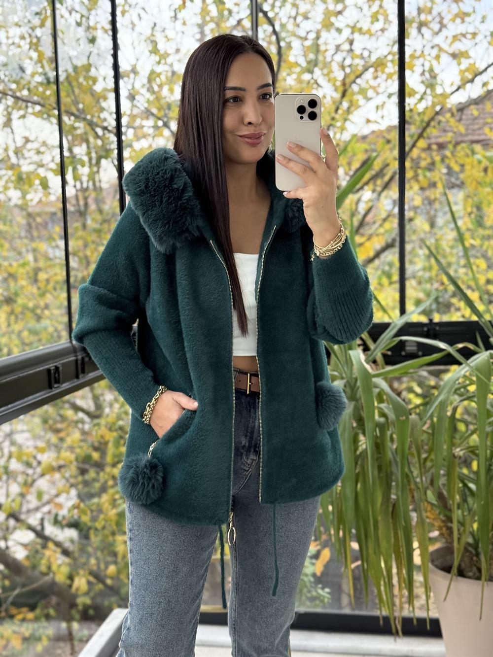 İthal Ponponlu Angora Hırka Zümrüt