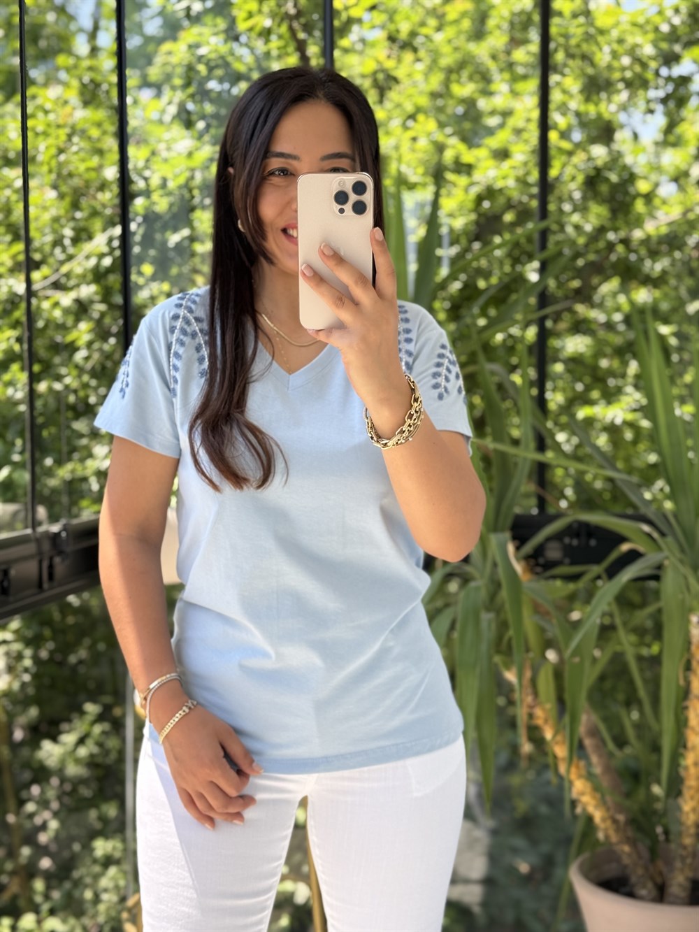 Flora Boncuk Detaylı Tişört Bebe Mavi