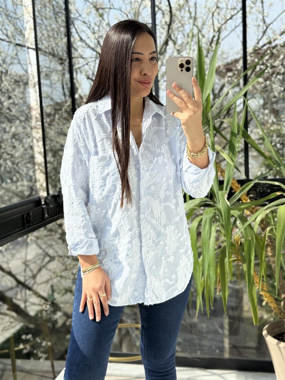 Kabartmalı Çizgili Pamuklu Gömlek Mavi